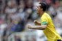 Brazil's Leandro Damiao celebrates scoring their first goal against Honduras with Rafael (R) during a London 2012 Olympic Games men's football match at St James' Park, Newcastle upon Tyne, England, on August 4, 2012.  AFP PHOTO / GRAHAM STUART<!-- NICAID(8479632) -->
