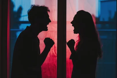 Silhouette of couple fighting each other arguing and yelling at one another Young man and woman shouting in anger Candid behind closed doors<!-- NICAID(15892672) -->