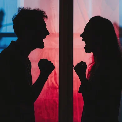Silhouette of couple fighting each other arguing and yelling at one another Young man and woman shouting in anger Candid behind closed doors<!-- NICAID(15892672) -->