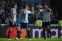 Racing's midfielder Anibal Moreno (L) and Colombian forward Roger Martinez (R) celebrate a goal during the Copa Libertadores round of 16 second leg football match between Argentina's Racing Club and Colombia's Atletico Nacional, at the Presidente Juan Domingo Peron (El Cilindro) stadium, in Buenos Aires, on August 10, 2023. (Photo by Luis ROBAYO / AFP)<!-- NICAID(15511831) -->