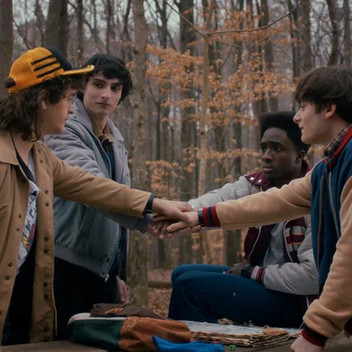STRANGER THINGS: SEASON 5. (L to R) Gaten Matarazzo as Dustin Henderson, Finn Wolfhard as Mike Wheeler, Caleb McLaughlin as Lucas Sinclair, and Noah Schnapp as Will Byers in STRANGER THINGS: SEASON 5. Cr. Courtesy of Netflix Â©Â 2025<!-- NICAID(16174562) -->