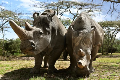 A picture taken on May 28, 2019 shows the world's last female pair of northern white Rhinoceros, Najin (L) with her daughter Fatu in their enclosure at Ol-Pejeta conservancy at Laikipia's county headquarters, Nanyuki. Ol-Pejeta, a private conservancy on Kenya's Laikipia plateau that shelters, among other endangered giants, the only two northern white rhinos left anywhere on earth, launched what it calls the world's first wildlife tech lab, that develops the latest technological weaponry to combat poaching. (Photo by TONY KARUMBA / AFP)Editoria: ENVLocal: NanyukiIndexador: TONY KARUMBASecao: conservationFonte: AFPFotógrafo: STF<!-- NICAID(15979578) -->