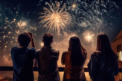 People silhouettes looking at colorful firework at night sky. Generative AISilhouettes of people looking at colorful fireworks in the night sky. Friends celebrating holiday outdoors. Created with Generative AIFonte: 604444045<!-- NICAID(15617026) -->