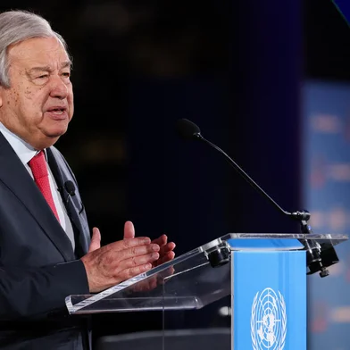 UN Secretary-General Antonio Guterres delivers a special address on climate action at the American Museum of Natural History in New York on World Environment Day, June 5, 2024. Humankind's role in the destructive warming of the planet is comparable to the meteor that wiped out the dinosaurs, Guterres said Wednesday, calling for rapid steps including bans on fossil fuel advertising. (Photo by Charly TRIBALLEAU / AFP)<!-- NICAID(15781066) -->
