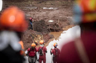 CÓRREGO DO FEIJÃO, MG, BRASIL - Bombeiros seguem as buscas por corpos na lama, agora com ajuda de máquinas. Em cima das escavadeiras anfíbias, os bombeiros observam o material retirado da lama para identificar restos mortais.  (Foto: ANDRÉ ÁVILA/ Agência RBS)Indexador: Andre Avila<!-- NICAID(13959777) -->