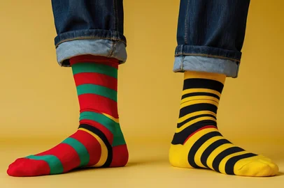 Legs wearing various striped socks against a background with copy space. Awareness concept.crédito: The 2R Artificiality, stock.adobe<!-- NICAID(15998621) -->