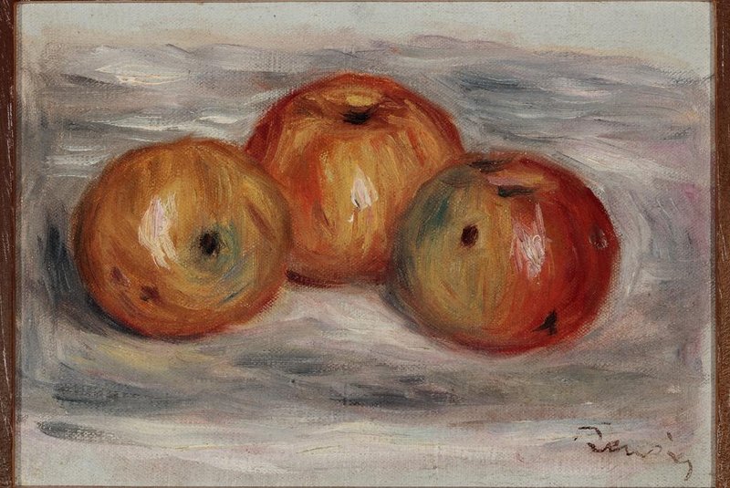 PIERRE-AUGUSTE RENOIR (1841- 1919) Trois pommes, ano Óleo sobre tela 18 x 27 cmPertence à Coleção Luiz Carlos Ritter.<!-- NICAID(15730457) -->