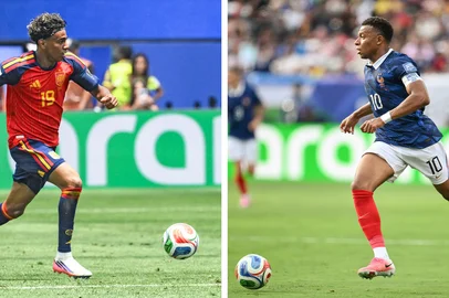 (COMBO) This combination of files photos created on July 12, 2026, shows Spain's forward #19 Lamine Yamal in Inglewood on July 10, 2026 (L); and France's forward #10 Kylian Mbappe in East Rutherford on June 30, 2026. France and Spain will meet in a 2026 World Cup semi-final football match at the Dallas Stadium in Arlington on July 14, 2026. (Photo by Patrick T. FALLON and Angela WEISS / AFP)Editoria: SPOLocal: ArlingtonIndexador: PATRICK T. FALLONSecao: soccerFonte: AFPFotógrafo: STF<!-- NICAID(16326556) -->