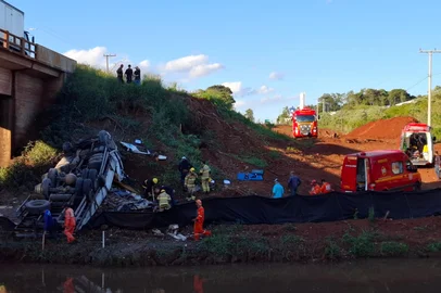Caminhão sai da pista, despenca de ponte e motorista fica gravemente ferido em Ijuí <!-- NICAID(16018103) -->