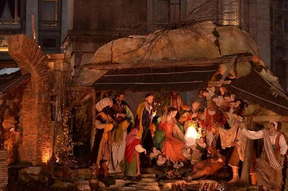 A picture shows the crib during the unveiling ceremony in St Peter's Square at the Vatican, on December 24, 2013. Pope Francis visited his predecessor Benedict XVI yesterday for an informal Christmas greeting, as the Argentine pontiff prepares to celebrate his first Christmas as leader of the world's Roman Catholics.AFP PHOTO / FILIPPO MONTEFORTE