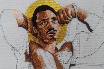 Obra do artista visual Rafael Dambros que vai integrar a exposição Afiar, que ocorre no Museu da República, no Rio de Janeiro, em março deste ano.Detalhe da obra em produção: São Sebastião como jogador de futebol.<!-- NICAID(15315714) -->