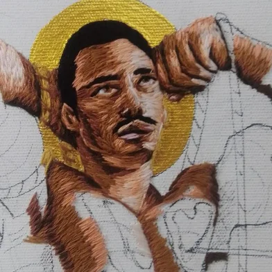 Obra do artista visual Rafael Dambros que vai integrar a exposição Afiar, que ocorre no Museu da República, no Rio de Janeiro, em março deste ano.Detalhe da obra em produção: São Sebastião como jogador de futebol.<!-- NICAID(15315714) -->
