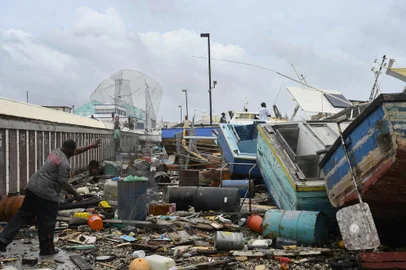 Damaged fishing boats pile up against each other after Hurricane Beryl at the Bridgetown Fish Market, Bridgetown, Barbados, July 1, 2024. (Photo by Randy Brooks / AFP)<!-- NICAID(15803080) -->