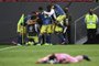 Colombia's Luis Diaz (covered) celebrates with teammates after scoring the team's thrid goal against Peru during their Conmebol 2021 Copa America football tournament third-place match at the Mane Garrincha Stadium in Brasilia, Brazil, on July 9, 2021. (Photo by EVARISTO SA / AFP)Editoria: SPOLocal: BrasíliaIndexador: EVARISTO SASecao: soccerFonte: AFPFotógrafo: STF<!-- NICAID(14831289) -->
