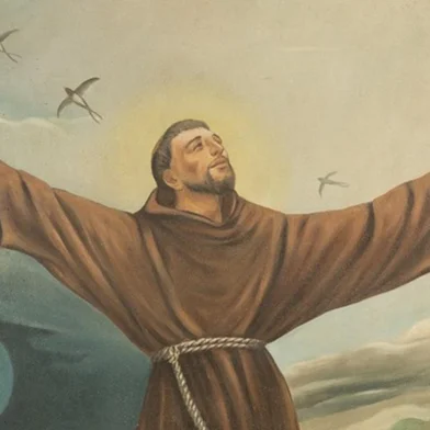 Imagem integrante do catálgo do Museu dos Capuchinhos, intitulado MusCap 20 Anos, Acervos e Memória. Na foto, imagem de São Francisco de Assis, integrante do acervo e do catálogo. legenda do catálogo: Pintura de São Francisco de Assis e as Criaturas - óleo sobre eucatex - Autor frei Osvaldo Jacques.<!-- NICAID(14792414) -->