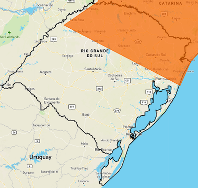 Instituto Nacional de Meteorologia (Inmet) emitiu alerta de tempestade para as regiões que correspondem à área destacada em laranja no mapa