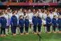 Portugal players stand for their national anthem prior to the start of the Australia and New Zealand 2023 Women's World Cup Group E football match between the Netherlands and Portugal at Dunedin Stadium in Dunedin on July 23, 2023. (Photo by Sanka Vidanagama / AFP)Editoria: SPOLocal: DunedinIndexador: SANKA VIDANAGAMASecao: soccerFonte: AFPFotógrafo: STF<!-- NICAID(15490098) -->