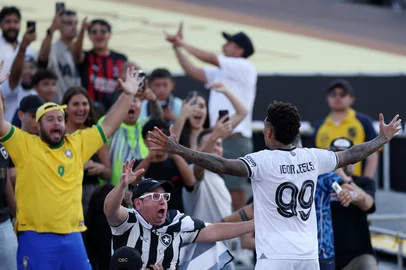 PASADENA, CALIFORNIA - JUNE 19: Igor Jesus #99 of Botafogo celebrates scoring his team's first goal during the FIFA Club World Cup 2025 group B match between Paris Saint-Germain FC and Botafogo FR at Rose Bowl Stadium on June 19, 2025 in Pasadena, California.   Stu Forster/Getty Images/AFP (Photo by Stu Forster / GETTY IMAGES NORTH AMERICA / Getty Images via AFP)<!-- NICAID(16063896) -->
