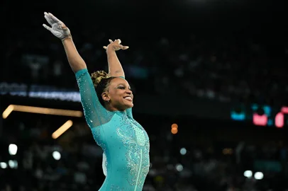 Brazil's Rebeca Andrade competes in the artistic gymnastics women's floor exercise final during the Paris 2024 Olympic Games at the Bercy Arena in Paris, on August 5, 2024.Gabriel BOUYS / AFP