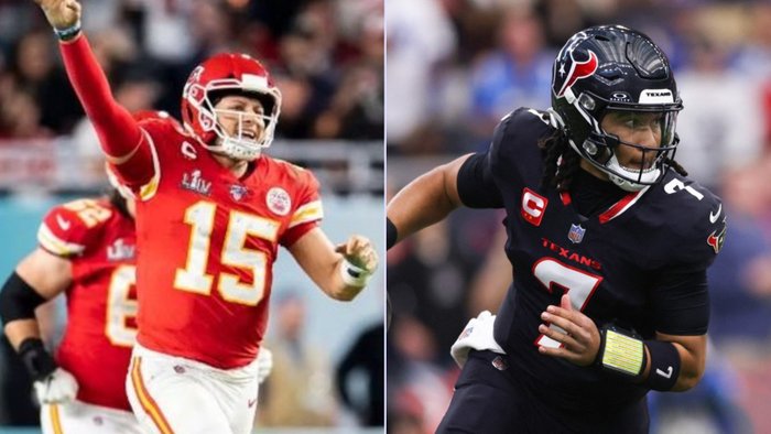 Fotos de Matt Starkey / Kansas City Chiefs e Tim Warner / GETTY IMAGES NORTH AMERICA / Getty Images via AFP