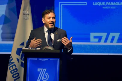 Conmebol's president, Paraguayan Alejandro Dominguez, speaks during Conmebol's 76th Ordinary Congress, on March 31, 2023 in Luque, Paraguay. (Photo by NORBERTO DUARTE / AFP)Editoria: SPOLocal: LuqueIndexador: NORBERTO DUARTESecao: soccerFonte: AFPFotógrafo: STR<!-- NICAID(15559379) -->