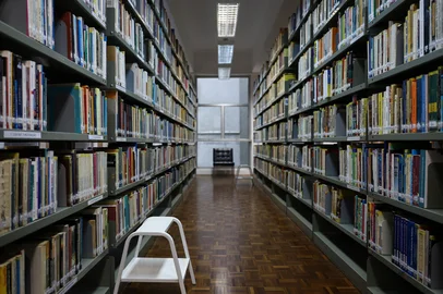 CAXIAS DO SUL, RS, BRASIL, 23/08/2024. A reportagem conversou com o diretor do departamento do Livro, Literatura e Leitura, Cássio Felipe Immig (na foto), sobre a programação da 40° Feira do Livro de Caxias do Sul. Na foto, setor do acervo da Biblioteca Pública Municipal. (Bruno Todeschini/Agência RBS)Indexador: Bruno Todeschini<!-- NICAID(15847649) -->