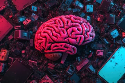 A brain like structure made of broken smartphone parts, surrounded by devices<!-- NICAID(15958066) -->