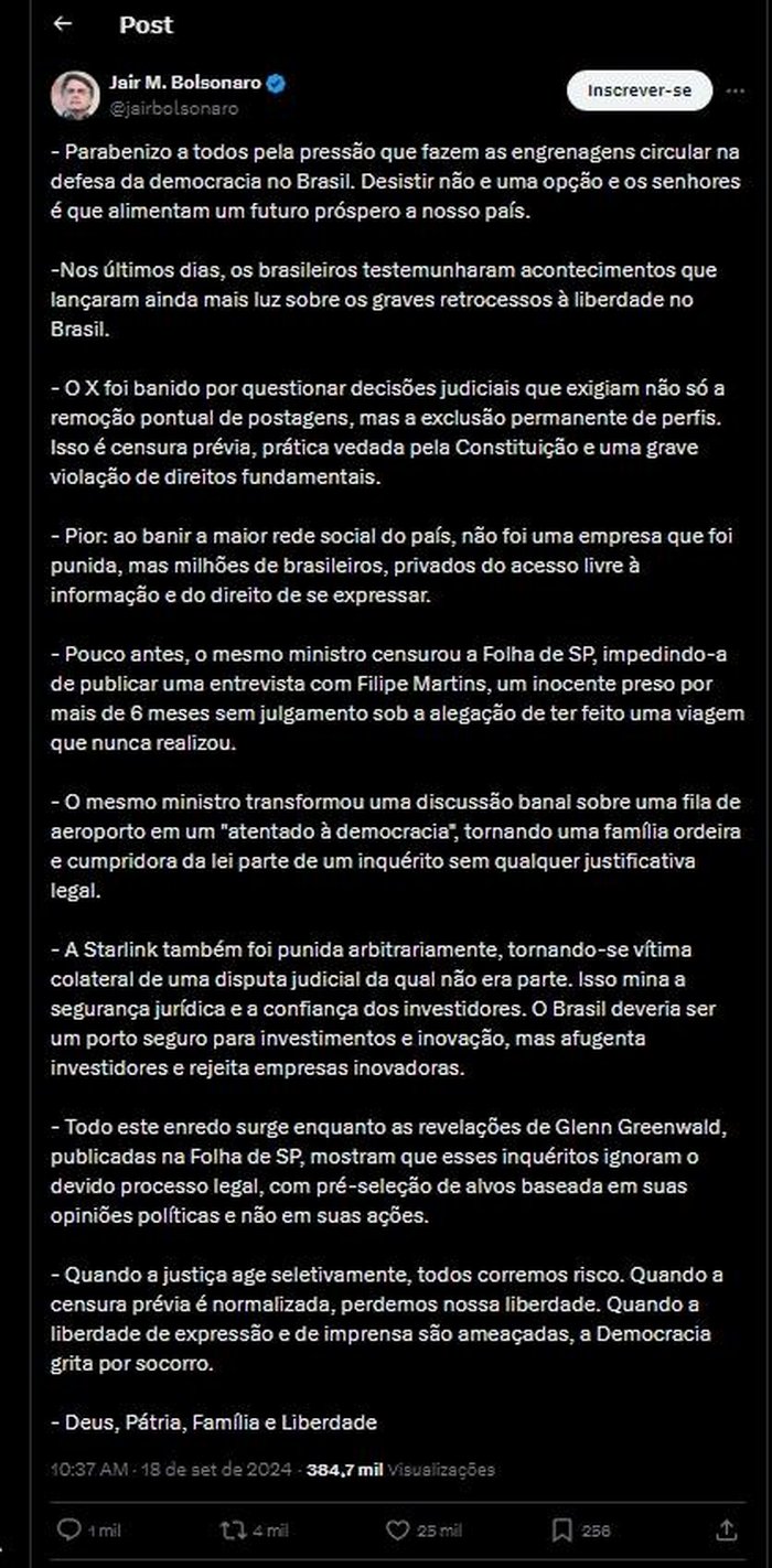 X @JairBolsonaro / Reprodução X @JairBolsonaro / Reprodução