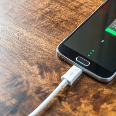 Close up view of smartphone charging battery<!-- NICAID(16035484) -->