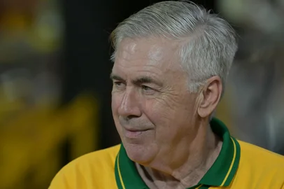 Brazil's Italian head coach Carlo Ancelotti gestures while attending the second night of carnival parade in the Sambadrome in Sao Paulo, Brazil, on February 14, 2026. (Photo by NELSON ALMEIDA / AFP)<!-- NICAID(16226304) -->