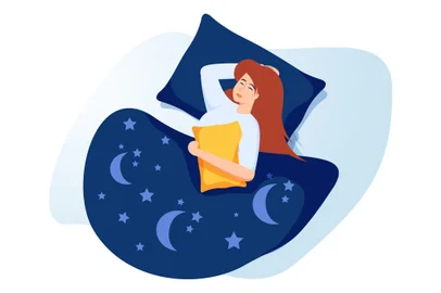 Woman sleep with cat. Person rest in the bed on the pillow late at night. Peaceful dream and relax. Vector illustration in cartoon style. Peaceful person sleeping.Fonte: 409729800<!-- NICAID(15038232) -->