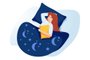Woman sleep with cat. Person rest in the bed on the pillow late at night. Peaceful dream and relax. Vector illustration in cartoon style. Peaceful person sleeping.Fonte: 409729800<!-- NICAID(15038232) -->