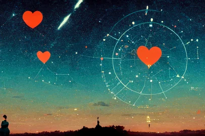 Red hearts and zodiac signs in a starry sky above a peaceful citFonte: 527527452<!-- NICAID(15225490) -->