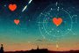 Red hearts and zodiac signs in a starry sky above a peaceful citFonte: 527527452<!-- NICAID(15225490) -->