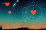Red hearts and zodiac signs in a starry sky above a peaceful citFonte: 527527452<!-- NICAID(15225490) -->