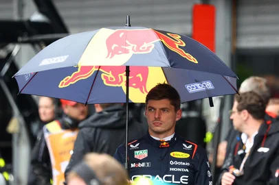 Red Bull Racing's Dutch driver Max Verstappen looks on after a red flag delayed the start of the Formula One Belgian Grand Prix at the Spa-Francorchamps circuit in Spa, on July 27, 2025. (Photo by YVES HERMAN / POOL / AFP)<!-- NICAID(16091845) -->