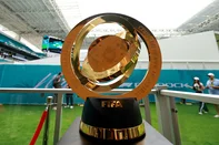 MIAMI, FLORIDA - MAY 04: The FIFA Club World Cup trophy on display prior to the F1 Grand Prix of Miami at Miami International Autodrome on May 04, 2025 in Miami, Florida.   Hector Vivas/Getty Images/AFP (Photo by Hector Vivas / GETTY IMAGES NORTH AMERICA / Getty Images via AFP)<!-- NICAID(16035844) -->