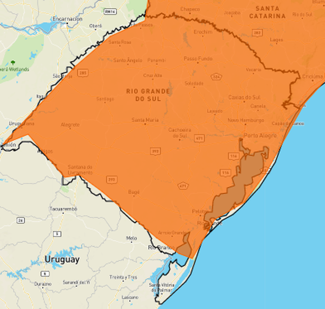 Instituto Nacional de Meteorologia (Inmet) emitiu alerta de tempestade para as regiões que correspondem à área destacada em laranja no mapa