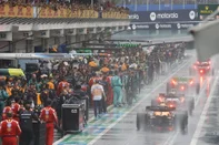 Drivers wait to restart after a red flag in the Formula One Sao Paulo Grand Prix, at the Jose Carlos Pace racetrack, aka Interlagos, in Sao Paulo, Brazil, on November 3, 2024. (Photo by Sebastiao Moreira / POOL / AFP)<!-- NICAID(15905923) -->