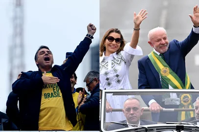 Flávio Bolsonaro em ato na Avenida Paulista e presidente Lula desfila com a primeira-dama Janja no Rolls Royce presidencial em Brasília.