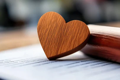Wooden heart symbol on document with gavel in background, representing love and law combination<!-- NICAID(16059075) -->