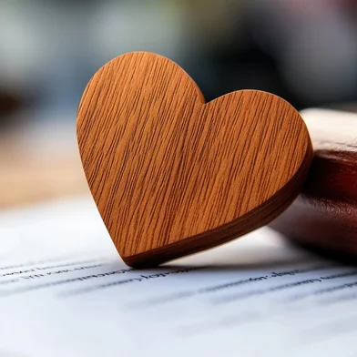 Wooden heart symbol on document with gavel in background, representing love and law combination<!-- NICAID(16059075) -->