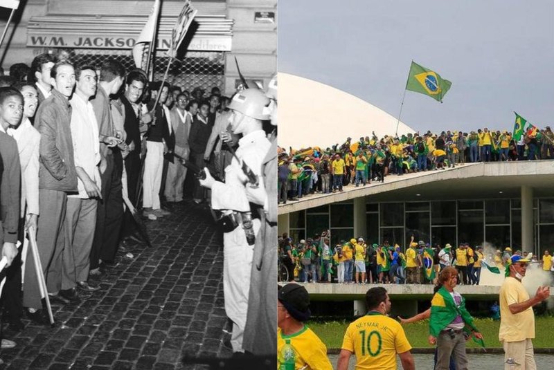 Montagem de protesto em 1º de abril de 1964, em Porto Alegre, e da tentativa de golpe em Brasília, em 8 de janeiro de 2023. Fotos: Machado/Agência RBS e Sergio Lima/AFP<!-- NICAID(15720752) -->