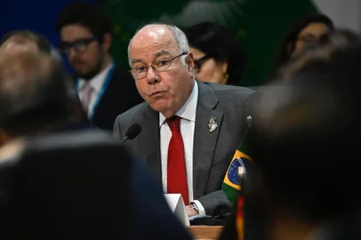 Brazil's Foreign Minister Mauro Vieira speaks during the G20 foreign ministers meeting in Rio de Janeiro, Brazil, on February 21, 2024. Foreign ministers of the G20 group of nations open a two-day meeting Wednesday in Brazil, with a bleak outlook for progress on a thorny agenda of conflicts and crises, from the Gaza and Ukraine wars to growing polarization. (Photo by MAURO PIMENTEL / AFP)<!-- NICAID(15686405) -->