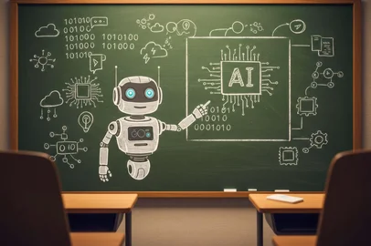 Robot teaches about artificial intelligence concepts in a classroom setting with a chalkboard full of diagrams and dataFonte: 1602889646<!-- NICAID(16092697) -->