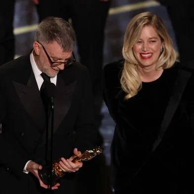 US filmmaker Paul Thomas Anderson and US producer Sara Murphy accept the award for Best Picture for "One Battle After Another" onstage during the 98th Annual Academy Awards at the Dolby Theatre in Hollywood, California on March 15, 2026. (Photo by Patrick T. Fallon / AFP)<!-- NICAID(16245825) -->
