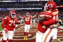 Chiefs comemoram o touchdown da vitória de Mecole Hardman.