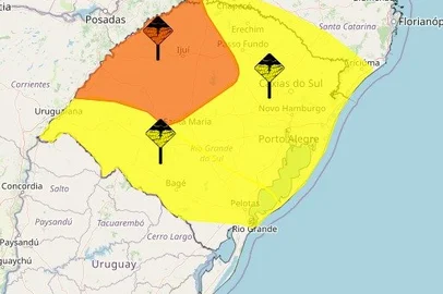 Rio Grande do Sul tem alerta para chuva intensa entre segunda (19) e terça-feira (20).