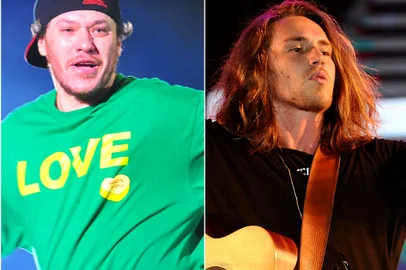 Montagem sobre fotos de Chorão, no Planeta Atlântida 2010, e Vitor Kley, em show em Caxias do Sul em 2019. Uma gravação de Chorão cantando O Sol foi criada por inteligência artificial (IA).<!-- NICAID(15461436) -->