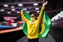 Rebeca Andrade celebrando após ganhar ouro no Mundial de Ginástica. Outubro 23, 2021. (Photo by Philip FONG / AFP)<!-- NICAID(14923044) -->